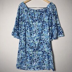 Stella Parker Womens Aruba Blue Floral Shell Print Dress Medium Beach Cotton NWT